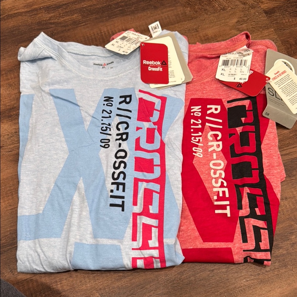 2 Reebok CrossFit Graphic Tees in Light Blue and Red